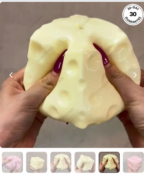 Yellow cheese stress ball squeezed