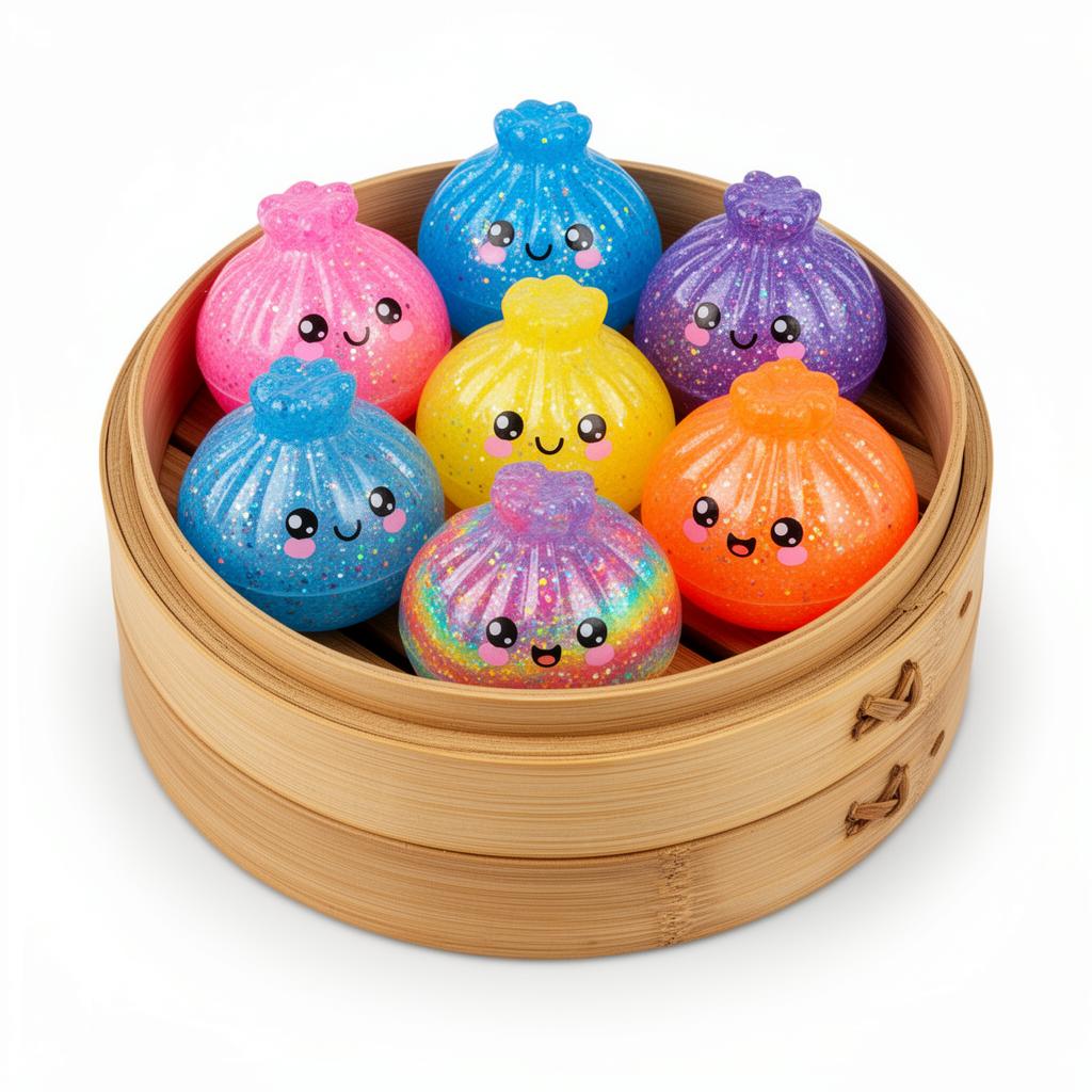 Dumpling Squishy - glitter-filled kawaii dumpling stress balls in a bamboo steamer basket